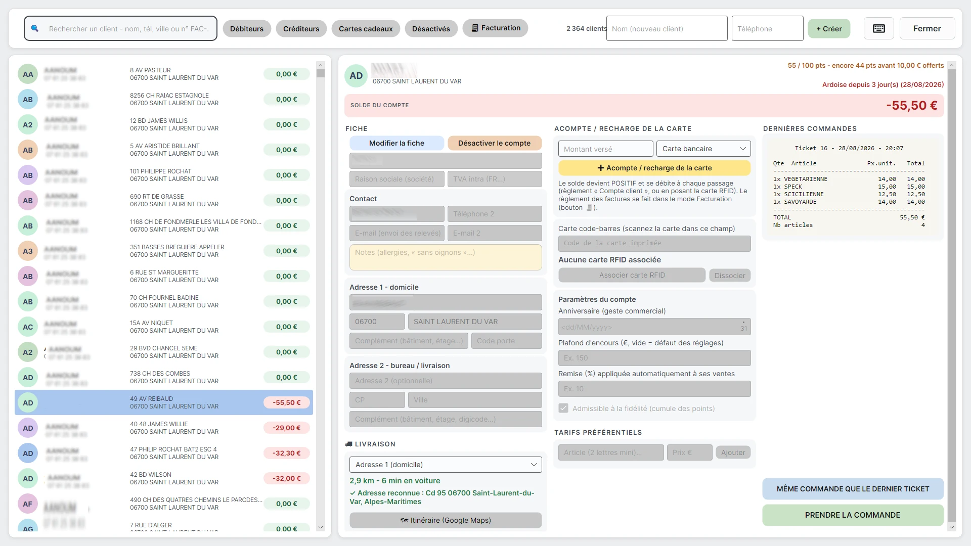 Fiche d'un compte client : solde, relevé, factures